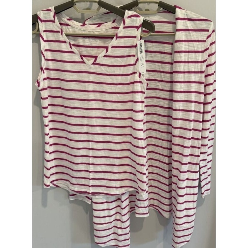 Chicos Set White Pink Stripe Ultimate V Neck Tank Duster Cardigan Set New Size 0